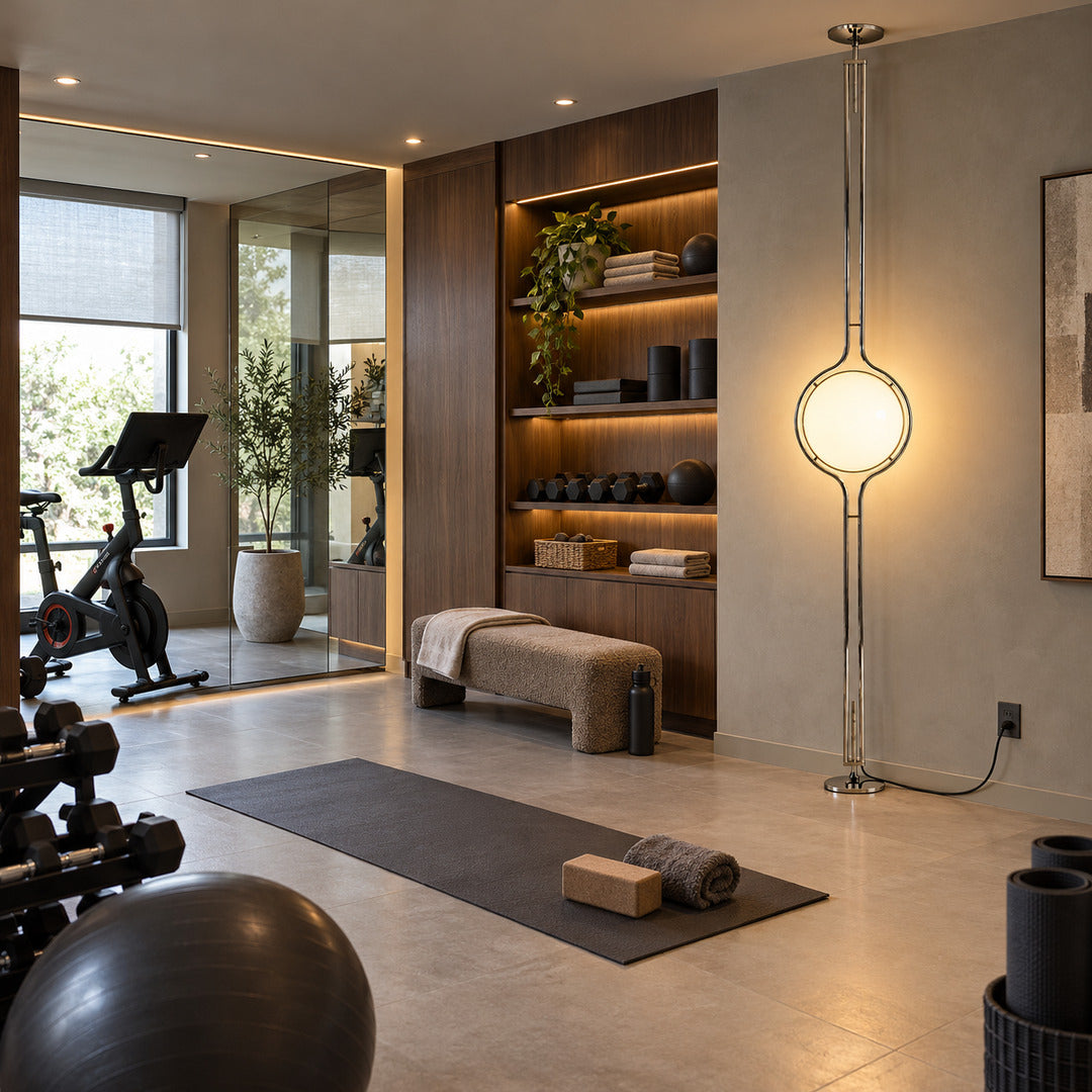 Pendolo pole lamp turning an empty living room corner into a space age focal point