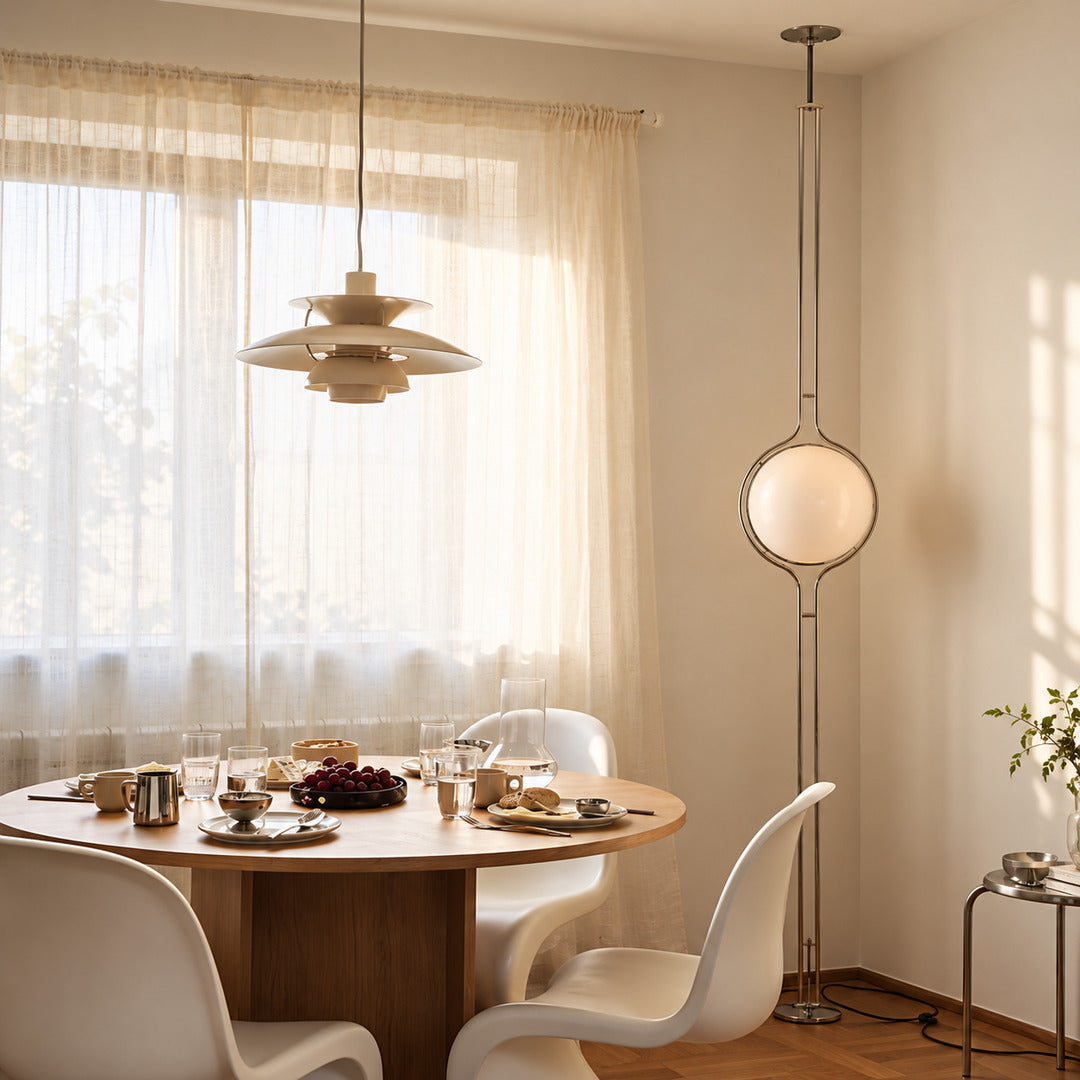 Pendolo pole lamp turning an empty living room corner into a space age focal point