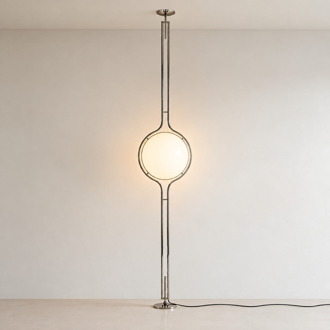 Pendolo floor-to-ceiling tension lamp in silver with opal globe and plug-in cord