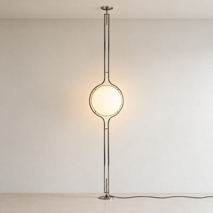 Pendolo floor-to-ceiling tension lamp in silver with opal globe and plug-in cord