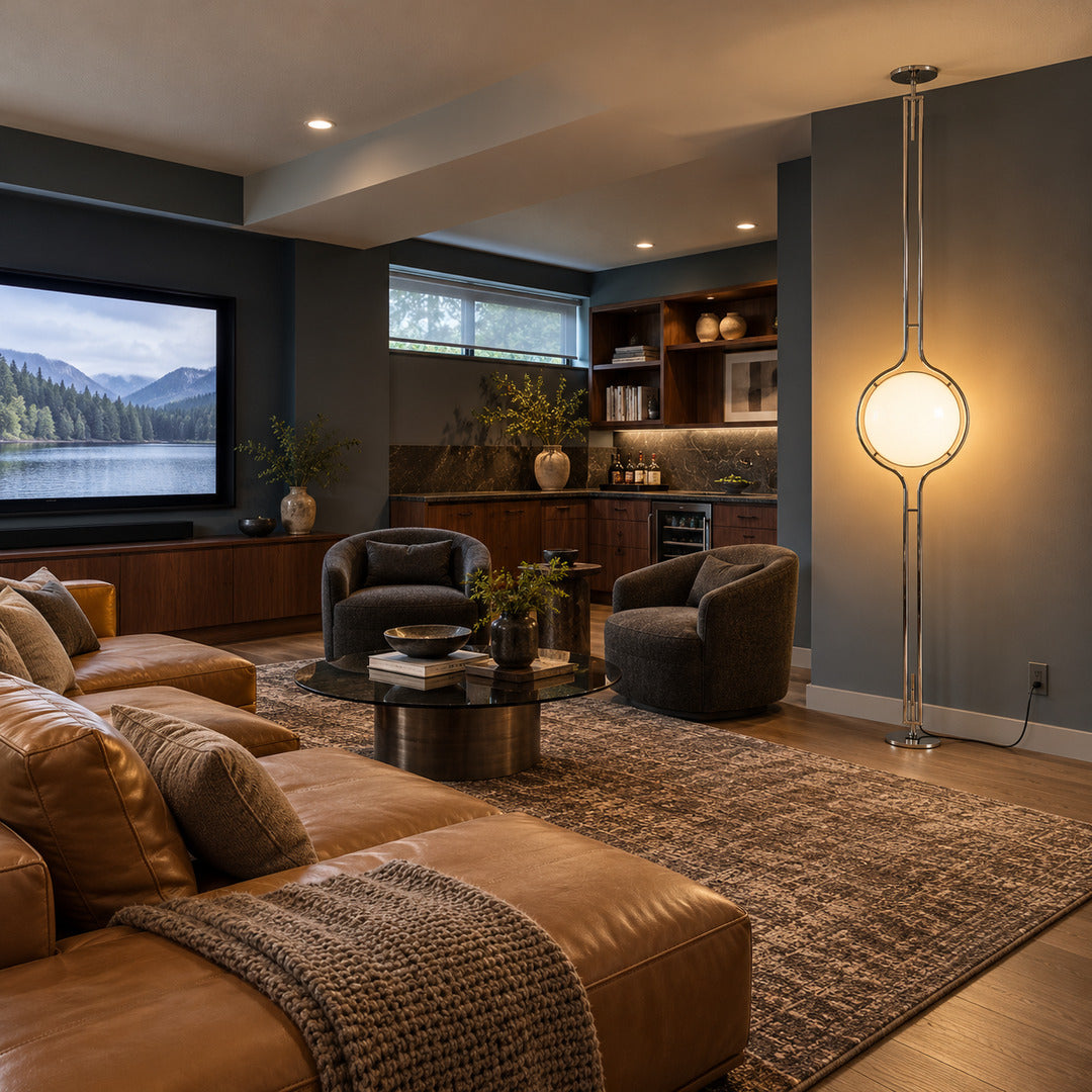 Pendolo pole lamp turning an empty living room corner into a space age focal point
