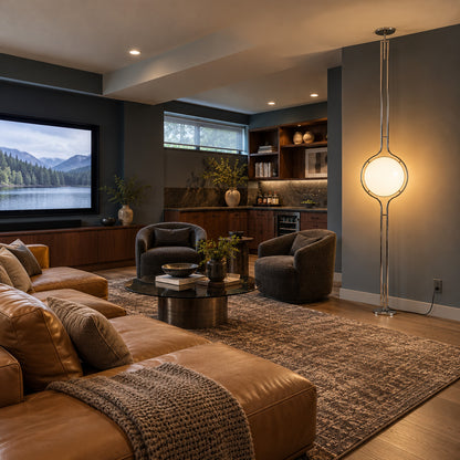 Pendolo pole lamp turning an empty living room corner into a space age focal point