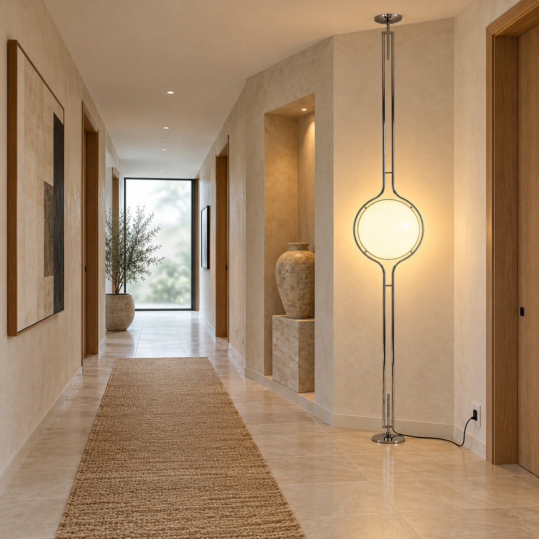 Pendolo silver globe pole lamp glowing at the end of a long hallway