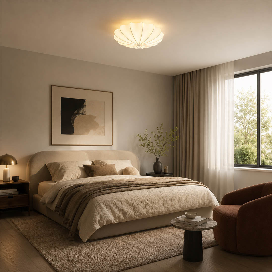 Perla small 15.7 inch silk bubble cluster ceiling lamp Japandi bedroom linen oak minimalist serene warm ambient flush mount lifestyle interior