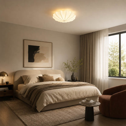 Perla small 15.7 inch silk bubble cluster ceiling lamp Japandi bedroom linen oak minimalist serene warm ambient flush mount lifestyle interior