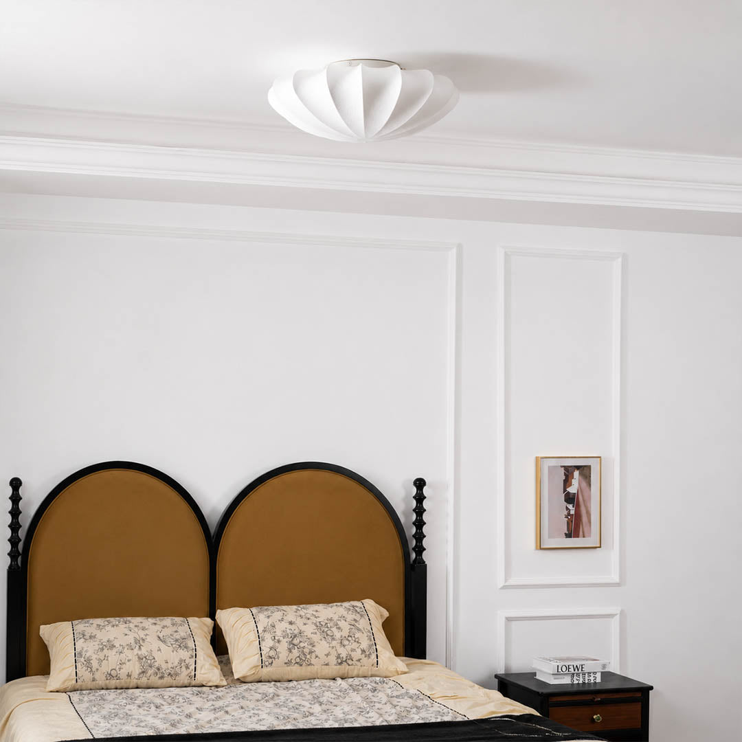 Perla small 15.7 inch silk bubble cluster ceiling lamp Japandi bedroom linen oak minimalist serene warm ambient flush mount lifestyle interior