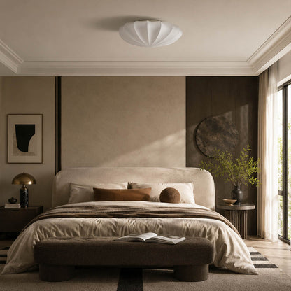 Perla small 15.7 inch silk bubble cluster ceiling lamp Japandi bedroom linen oak minimalist serene warm ambient flush mount lifestyle interior