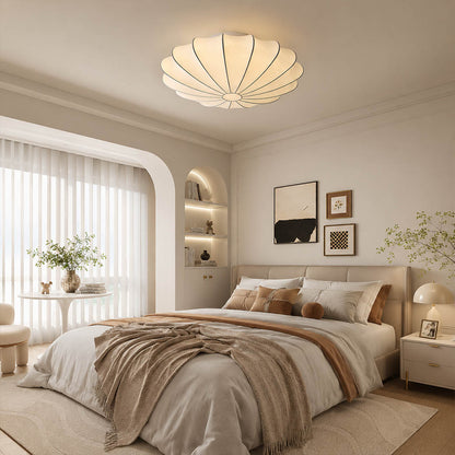 Perla small 15.7 inch silk bubble cluster ceiling lamp Japandi bedroom linen oak minimalist serene warm ambient flush mount lifestyle interior