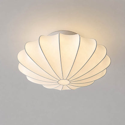 Perla mulberry silk bubble cluster ceiling lamp XL 31.4 inch white handcrafted crisscross steel wireframe silk cover mid century modern Nelson tradition oversized statement commercial flush mount white background