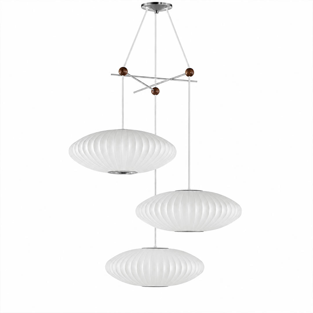 Perla mulberry silk bubble cluster pendant light Model A 3 flat pear bubble shades 16 inch white handcrafted mid century modern Nelson tradition scandinavian white background