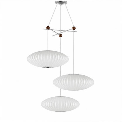 Perla mulberry silk bubble cluster pendant light Model A 3 flat pear bubble shades 16 inch white handcrafted mid century modern Nelson tradition scandinavian white background