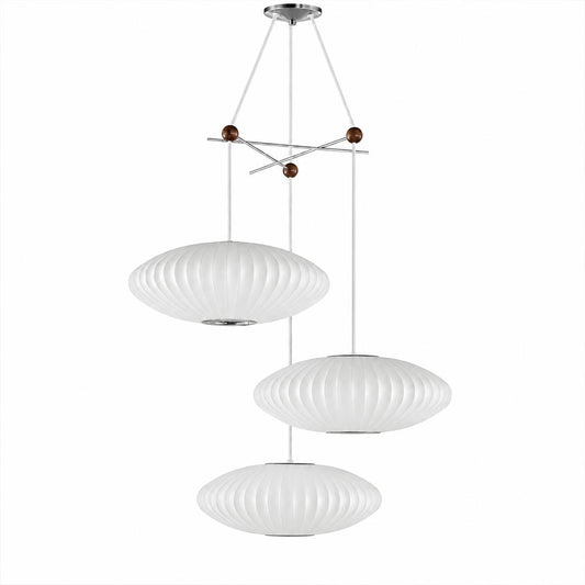 Perla mulberry silk bubble cluster pendant light Model A 3 flat pear bubble shades 16 inch white handcrafted mid century modern Nelson tradition scandinavian white background