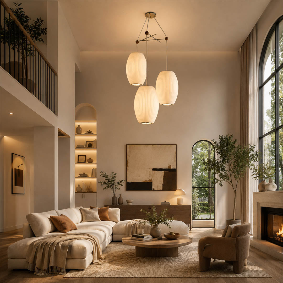 Perla combo silk bubble cluster pendant light double height staircase foyer statement mid century modern warm ambient glow lifestyle interior