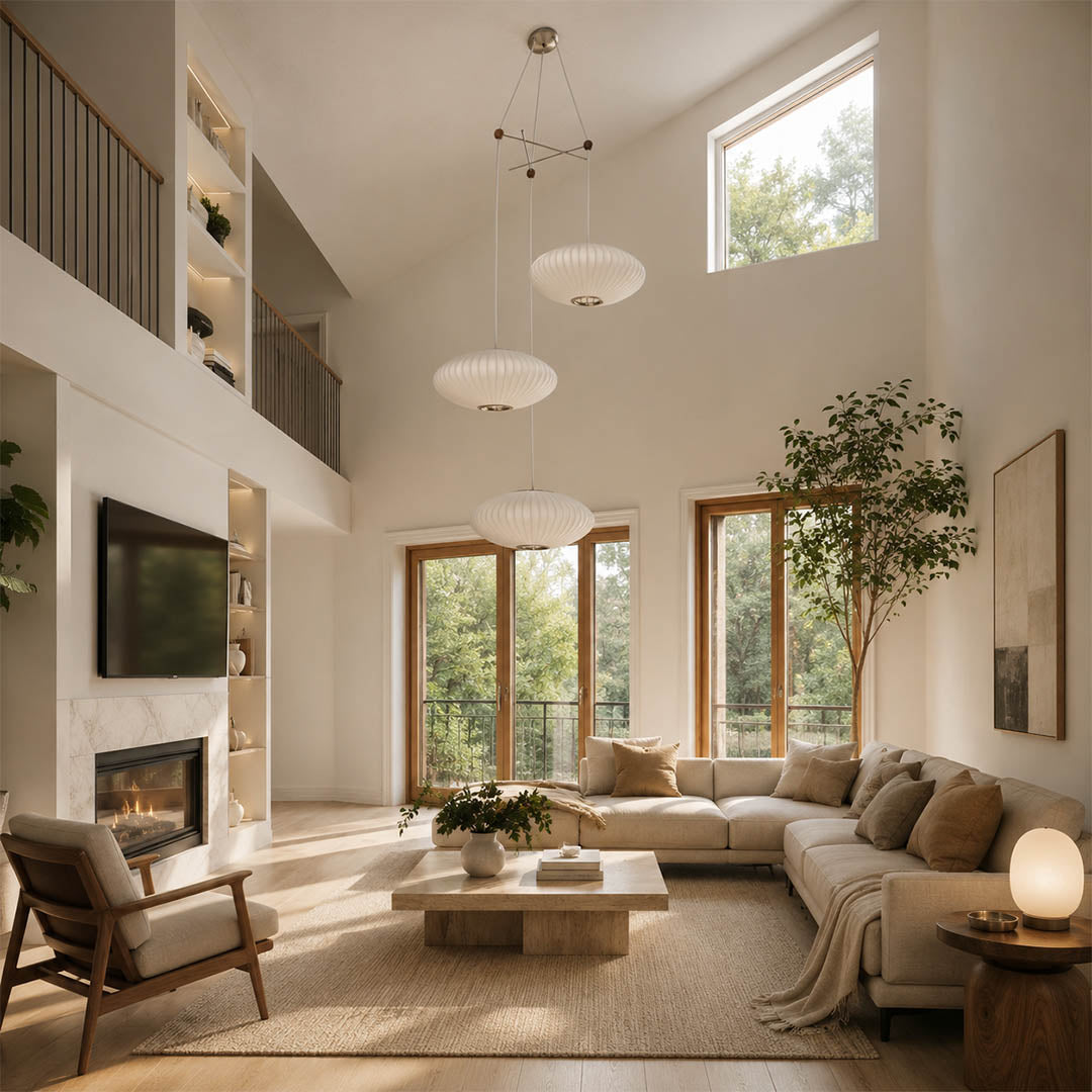 Perla combo silk bubble cluster pendant light double height staircase foyer statement mid century modern warm ambient glow lifestyle interior