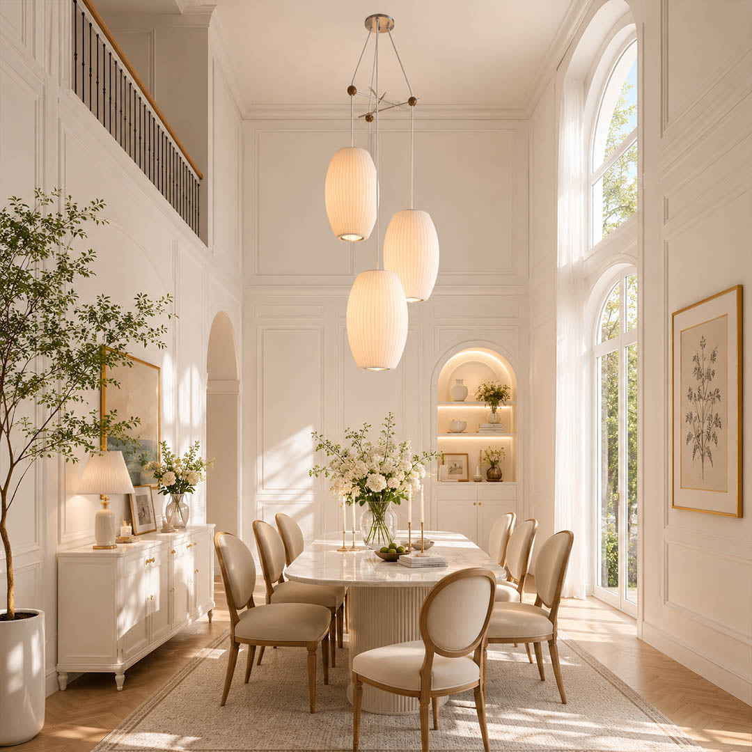 Perla combo silk bubble cluster pendant light double height staircase foyer statement mid century modern warm ambient glow lifestyle interior