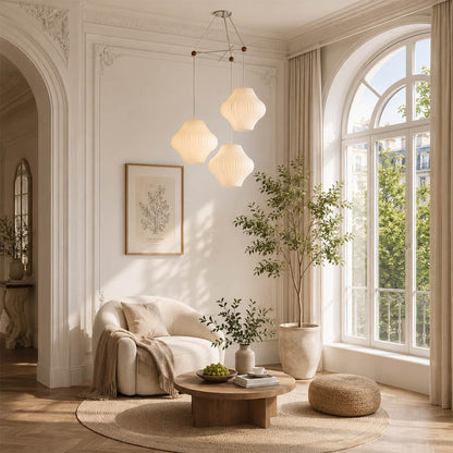 Perla combo silk bubble cluster pendant light double height staircase foyer statement mid century modern warm ambient glow lifestyle interior