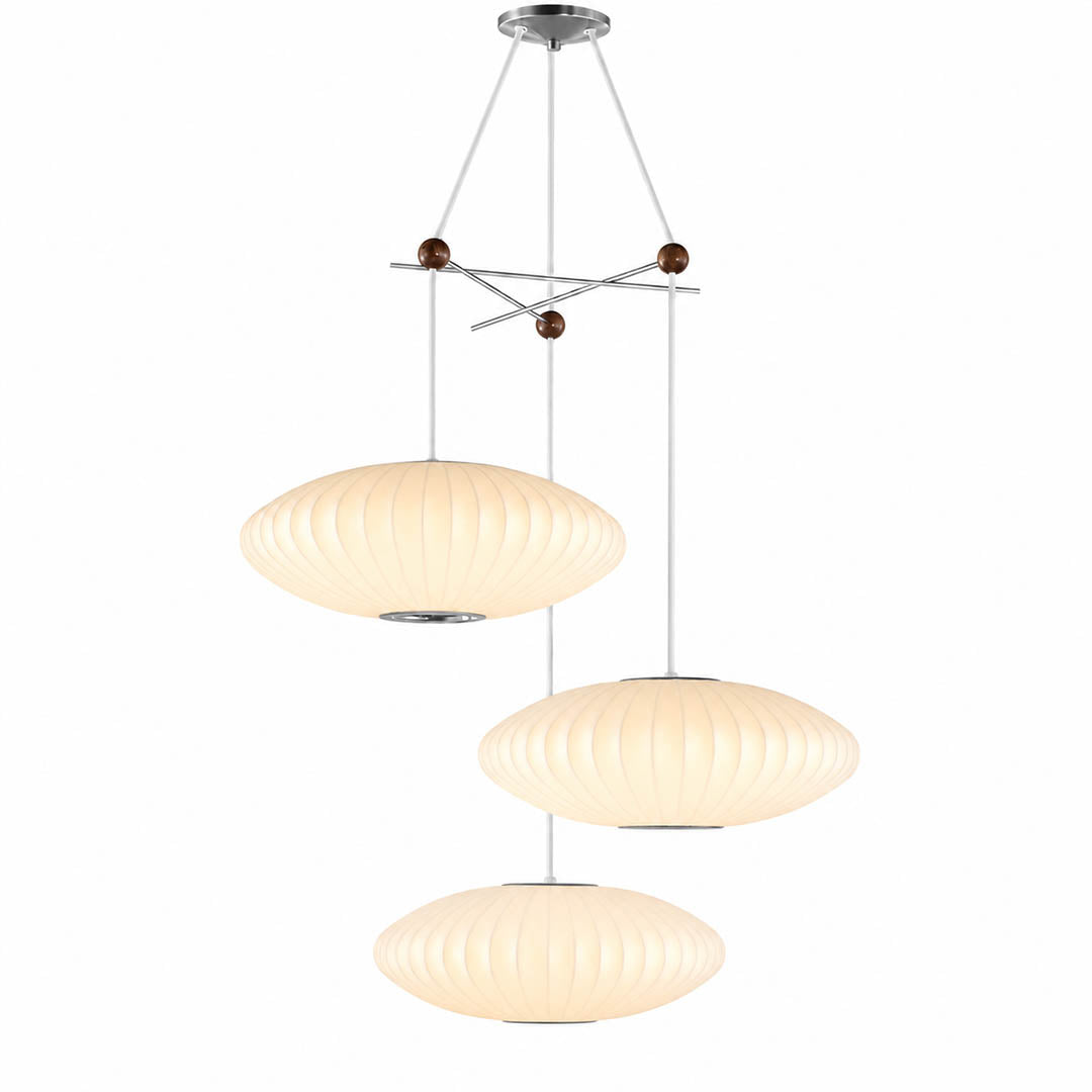 Perla mulberry silk bubble cluster pendant light Model A 3 flat pear bubble shades 16 inch white handcrafted mid century modern Nelson tradition scandinavian white background