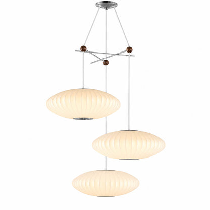 Perla mulberry silk bubble cluster pendant light Model A 3 flat pear bubble shades 16 inch white handcrafted mid century modern Nelson tradition scandinavian white background