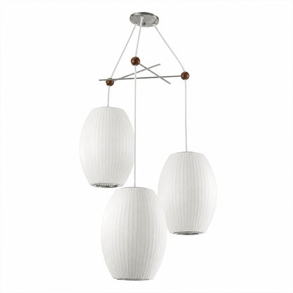 Perla mulberry silk bubble cluster pendant light Model D 3 tall pear bubble shades 11 inch elongated white handcrafted mid century modern scandinavian white background