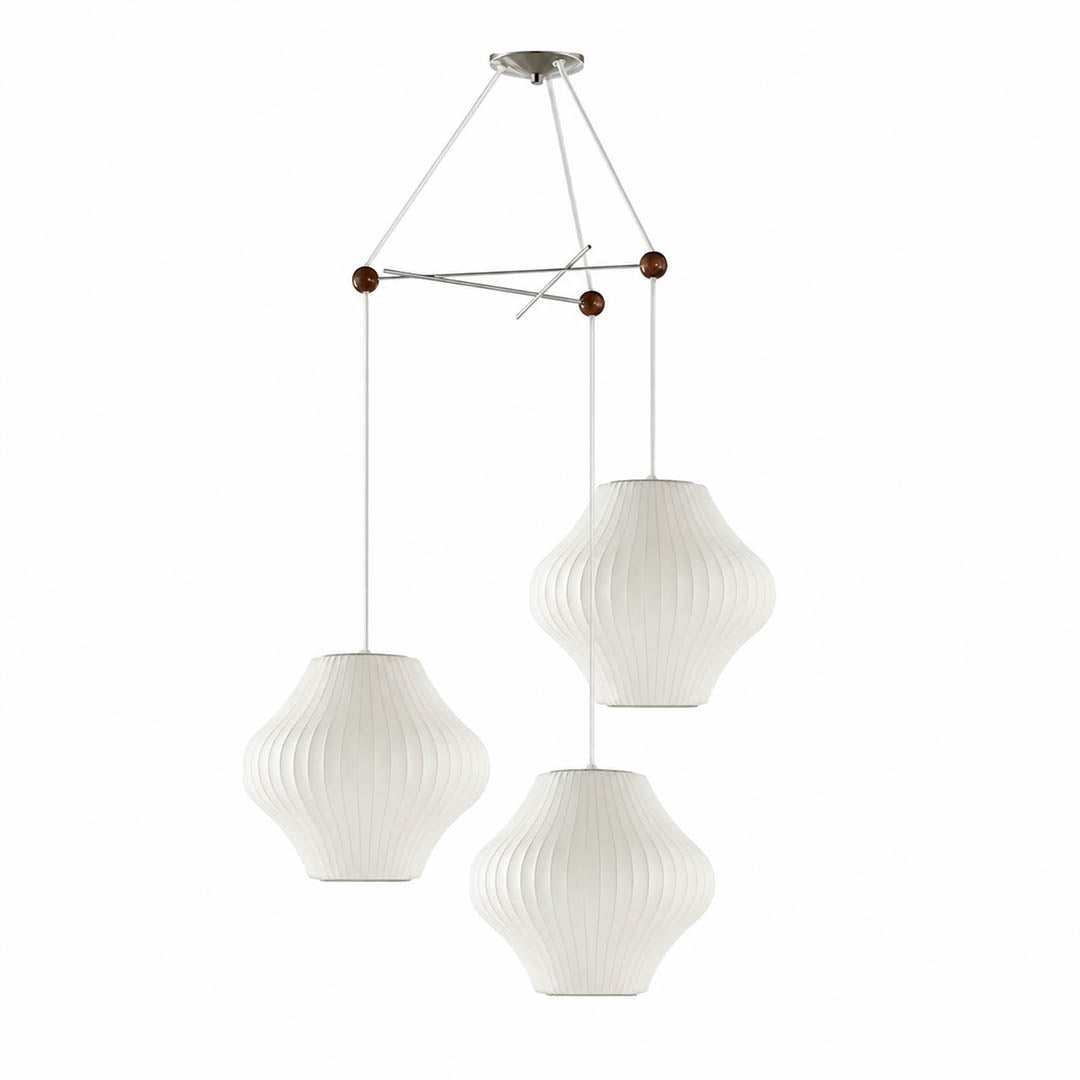 Perla mulberry silk bubble cluster pendant light Model C 3 round sphere bubble shades 12 inch white handcrafted mid century modern scandinavian white background