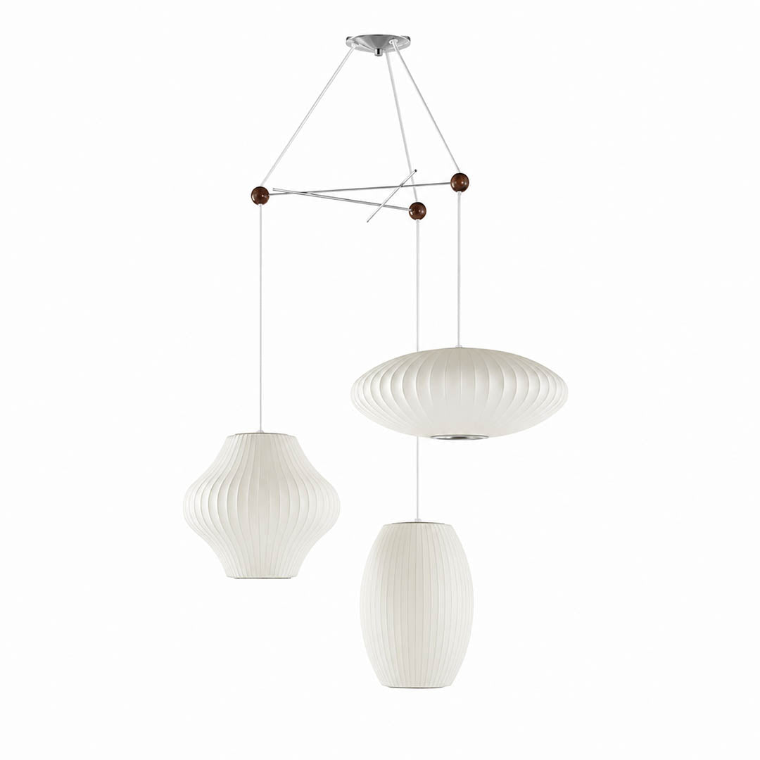 Perla mulberry silk bubble cluster pendant light Combo mix match flat pear tall pear round sphere 3 shapes white handcrafted mid century modern iconic white background