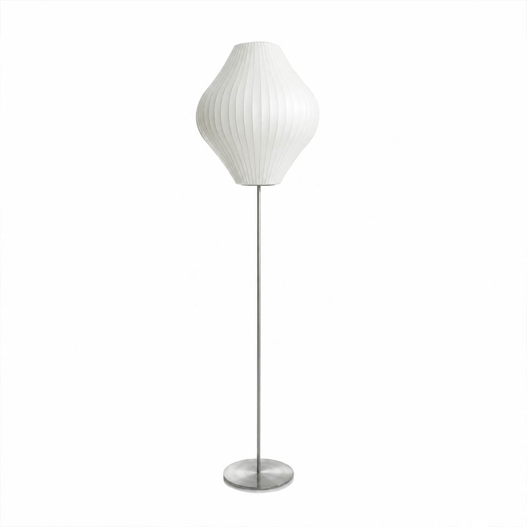 Perla silk bubble floor lamp Model B small 13 inch pear teardrop shade chrome tripod white polymer silk hand welded mid century modern scandinavian white background