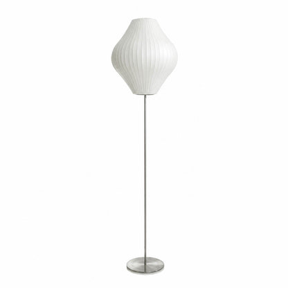 Perla silk bubble floor lamp Model B medium 17 inch pear teardrop shade chrome tripod white polymer silk hand welded mid century modern statement white background