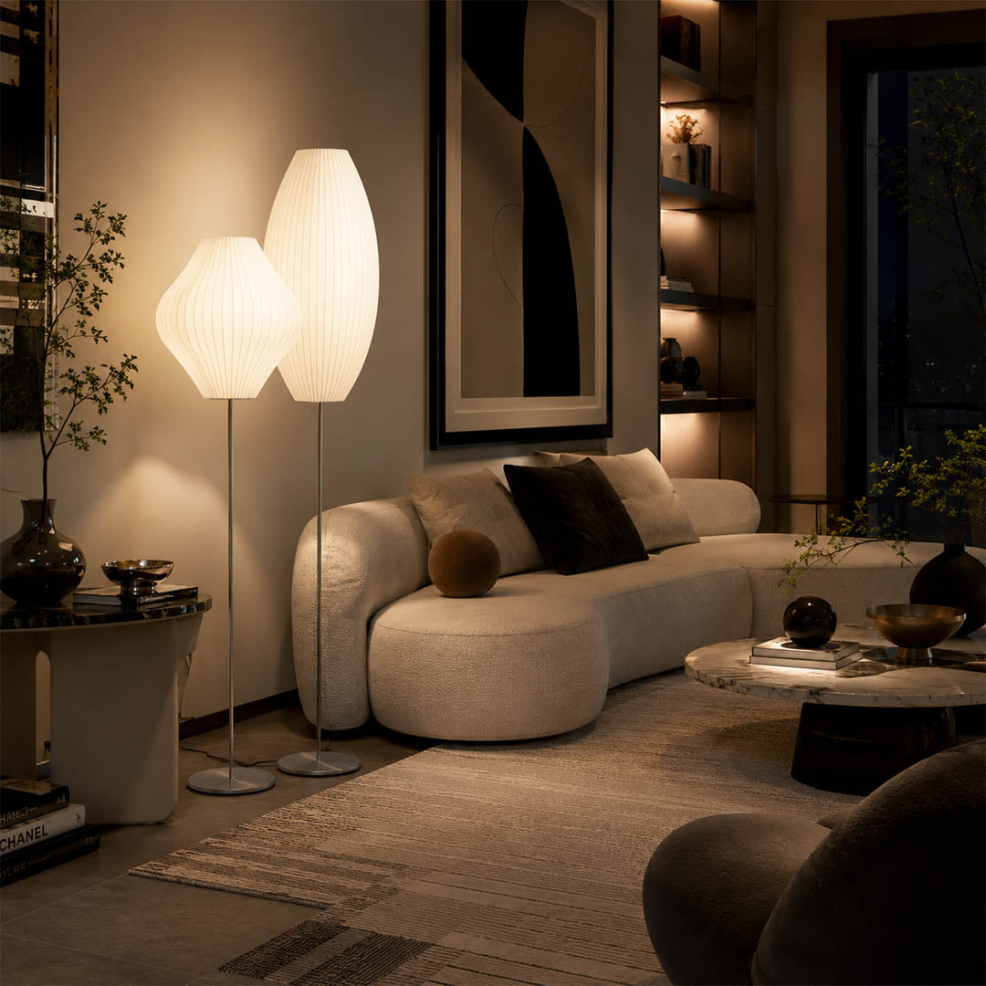 Perla Model A medium sphere silk bubble floor lamp mid century modern living room walnut teak eames chair corner reading nook warm ambient lifestyle interior