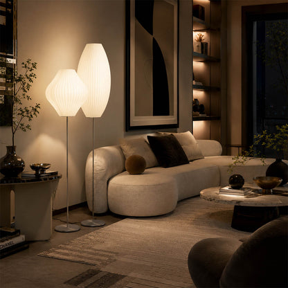 Perla Model A medium sphere silk bubble floor lamp mid century modern living room walnut teak eames chair corner reading nook warm ambient lifestyle interior
