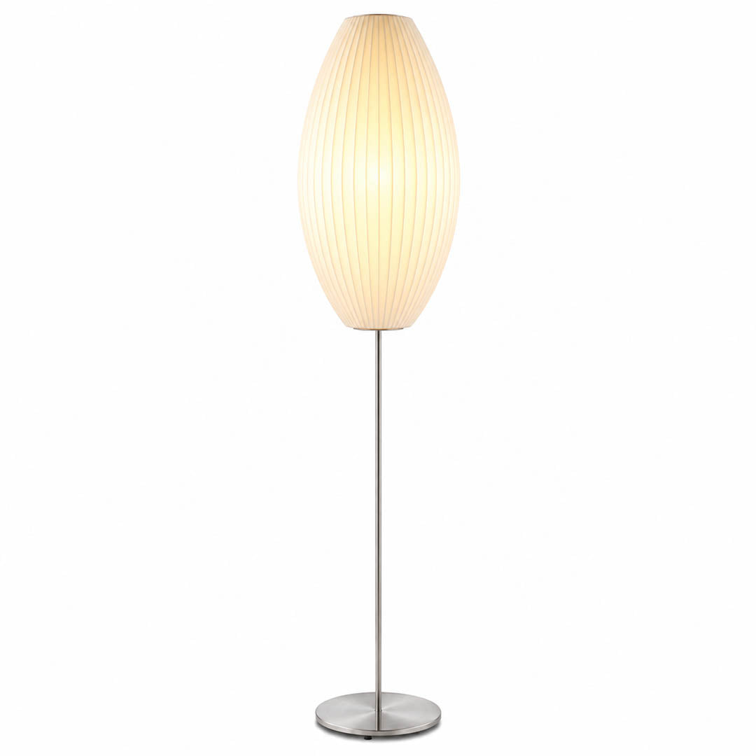 Perla silk bubble floor lamp Model A large 15 inch sphere shade chrome tripod white polymer silk hand welded mid century modern statement white background