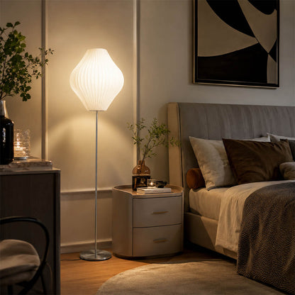 Perla Model B medium pear silk bubble floor lamp Scandinavian bedroom linen white oak minimalist bedside serene warm ambient lifestyle interior