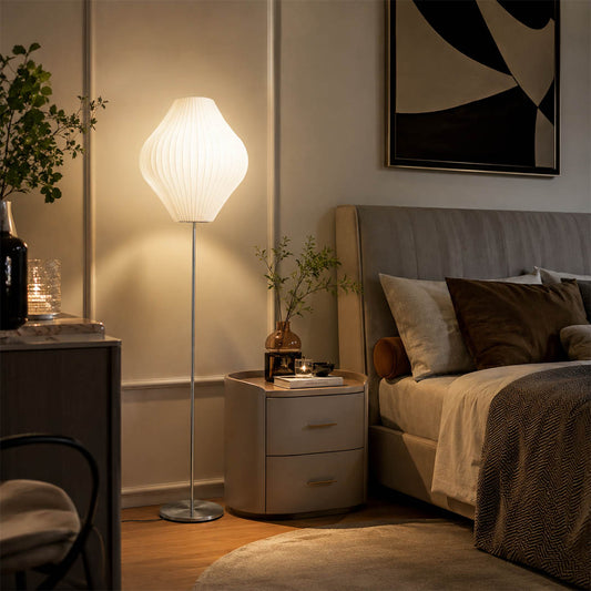 Perla Model B medium pear silk bubble floor lamp Scandinavian bedroom linen white oak minimalist bedside serene warm ambient lifestyle interior