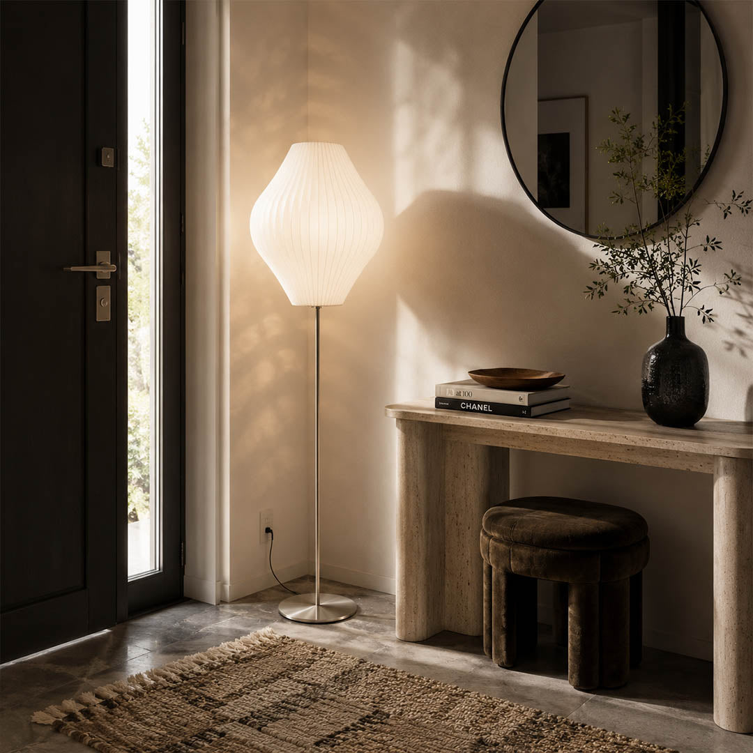 Perla Model A medium sphere silk bubble floor lamp mid century modern living room walnut teak eames chair corner reading nook warm ambient lifestyle interior