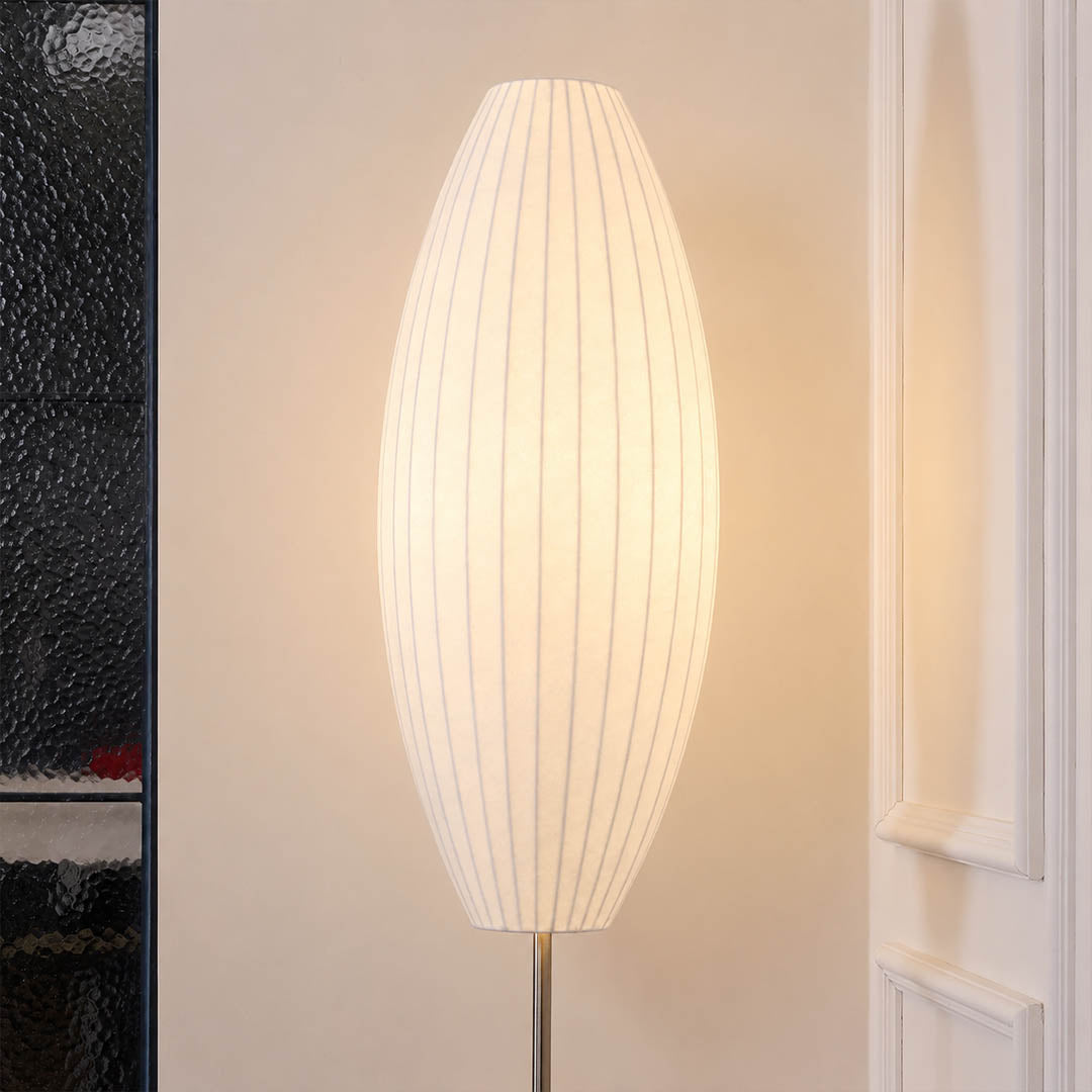 Perla Model A sphere silk bubble floor lamp illuminated warm 2700K glow evening atmosphere translucent soft ambient detail close up