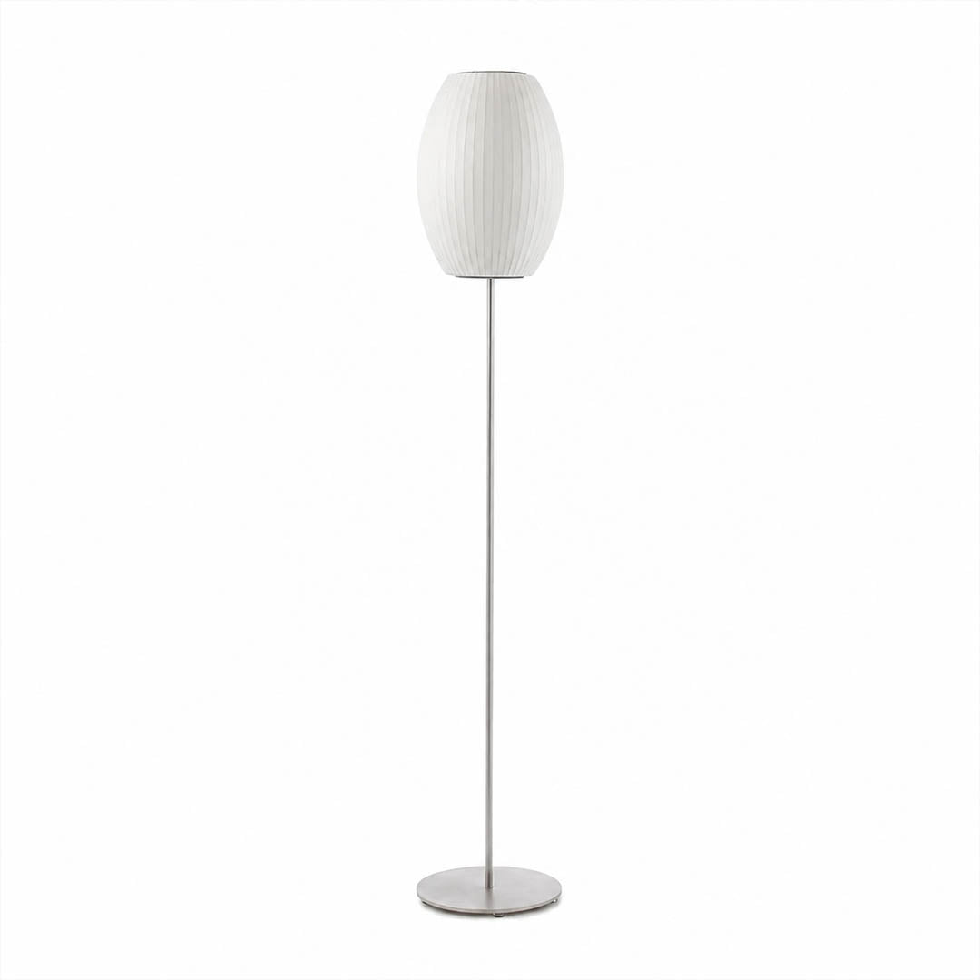 Perla silk bubble floor lamp Model A small 10 inch sphere shade chrome tripod white polymer silk hand welded mid century modern Nelson tradition minimalist white background