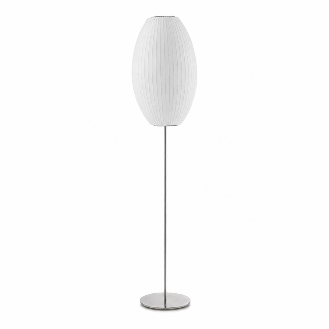 Perla silk bubble floor lamp Model A medium 13 inch sphere shade chrome tripod white polymer silk hand welded mid century modern scandinavian white background