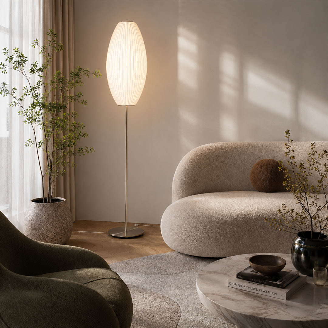 Perla Model A medium sphere silk bubble floor lamp mid century modern living room walnut teak eames chair corner reading nook warm ambient lifestyle interior