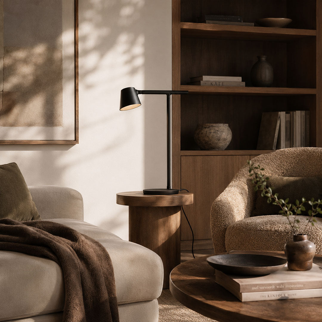 Perno table lamp red matte modern living room reading corner armchair side table adjustable reading task Nordic Scandinavian minimalist colorful accent focused sophisticated lifestyle interior American home