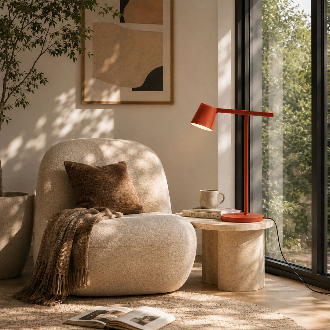 Perno table lamp red matte modern living room reading corner armchair side table adjustable reading task Nordic Scandinavian minimalist colorful accent focused sophisticated lifestyle interior American home