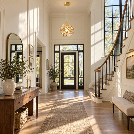 Petalo glass pendant light casting decorative petal shadows in a warm entryway