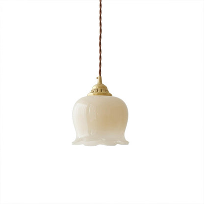 Petite mini pendant light brass beige resin flower shade 5.5 inch white background