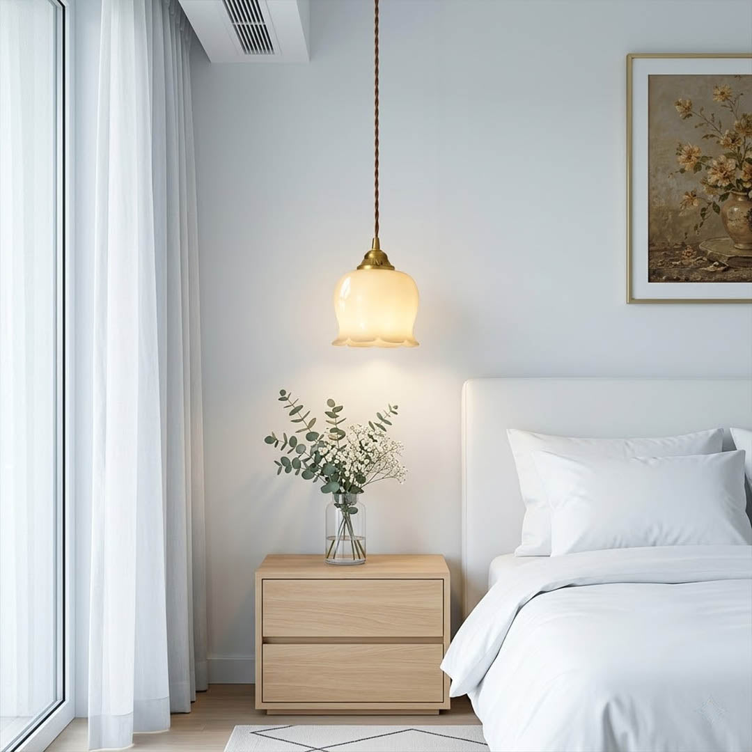 Petite mini pendant light hanging beside bed nightstand replacement modern farmhouse interior