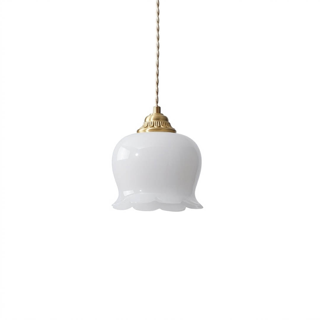 Petite mini pendant light brass white resin flower shade 5.5 inch white background