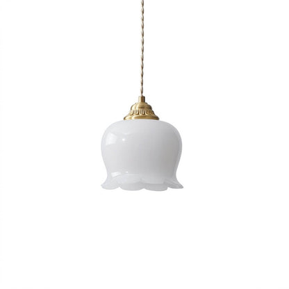 Petite mini pendant light brass white resin flower shade 5.5 inch white background