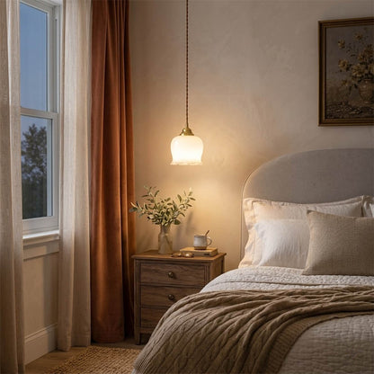 Petite mini pendant light hanging beside bed nightstand replacement modern farmhouse interior