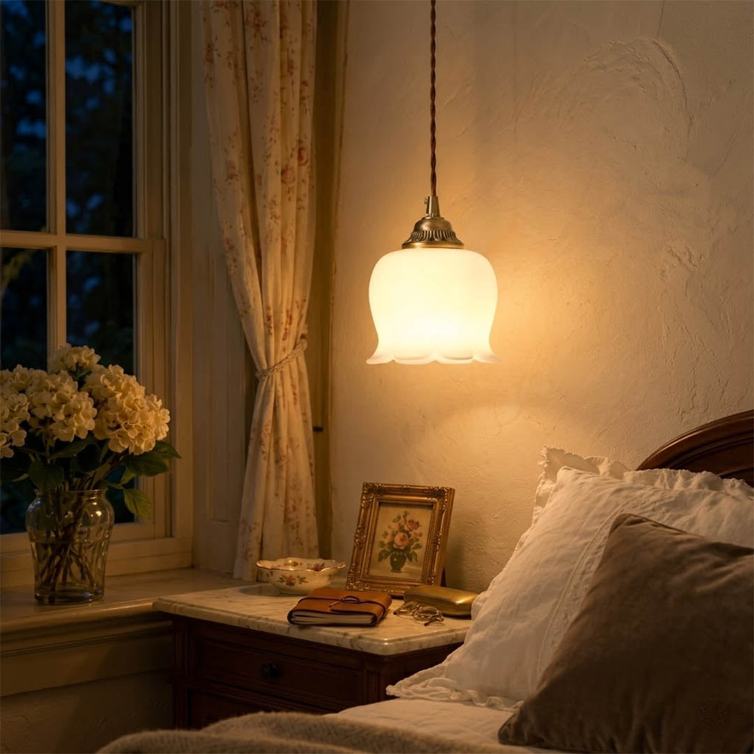 Petite mini pendant light hanging beside bed nightstand replacement modern farmhouse interior