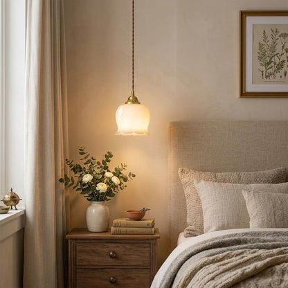Petite mini pendant light hanging beside bed nightstand replacement modern farmhouse interior