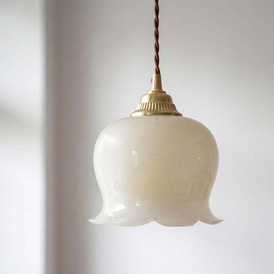 Petite mini pendant light hanging beside bed nightstand replacement modern farmhouse interior