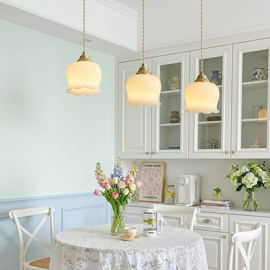 Petite mini pendant lights three cluster over small kitchen island brass flower modern farmhouse