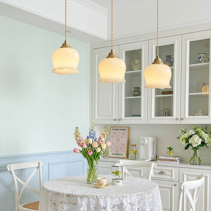 Petite mini pendant lights three cluster over small kitchen island brass flower modern farmhouse